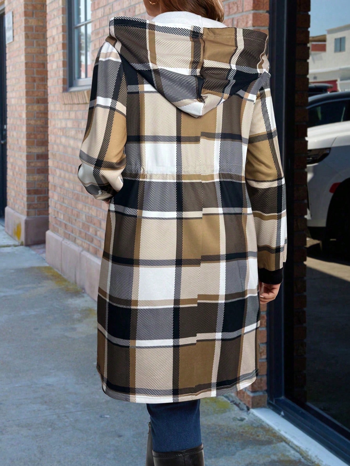 LUNE Plus Size Women Casual Plaid Print Cinched Waist Zip-Up Hooded Fleece Jacket, Suitable For Commuting, Autumn/Winter