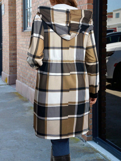 LUNE Plus Size Women Casual Plaid Print Cinched Waist Zip-Up Hooded Fleece Jacket, Suitable For Commuting, Autumn/Winter