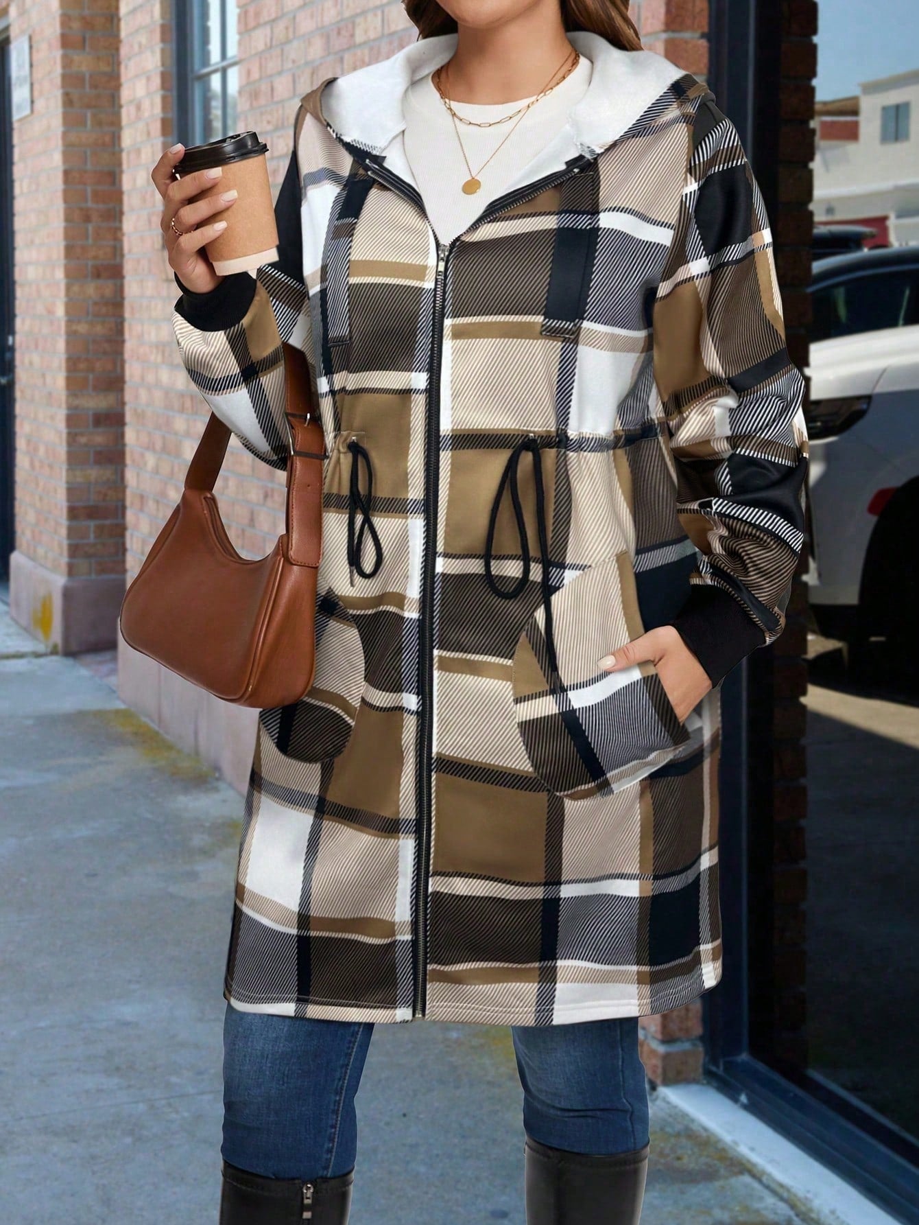 LUNE Plus Size Women Casual Plaid Print Cinched Waist Zip-Up Hooded Fleece Jacket, Suitable For Commuting, Autumn/Winter