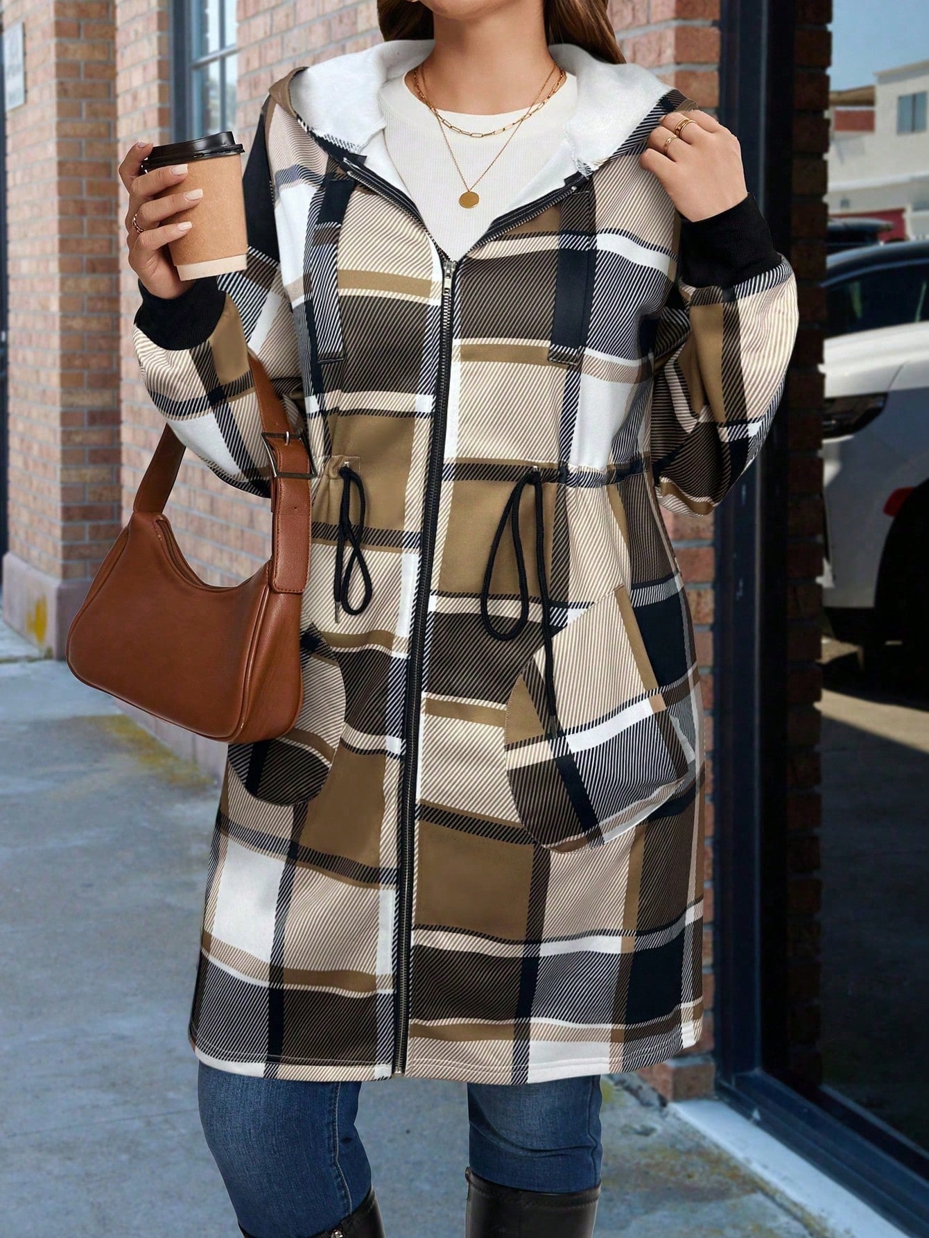 LUNE Plus Size Women Casual Plaid Print Cinched Waist Zip-Up Hooded Fleece Jacket, Suitable For Commuting, Autumn/Winter