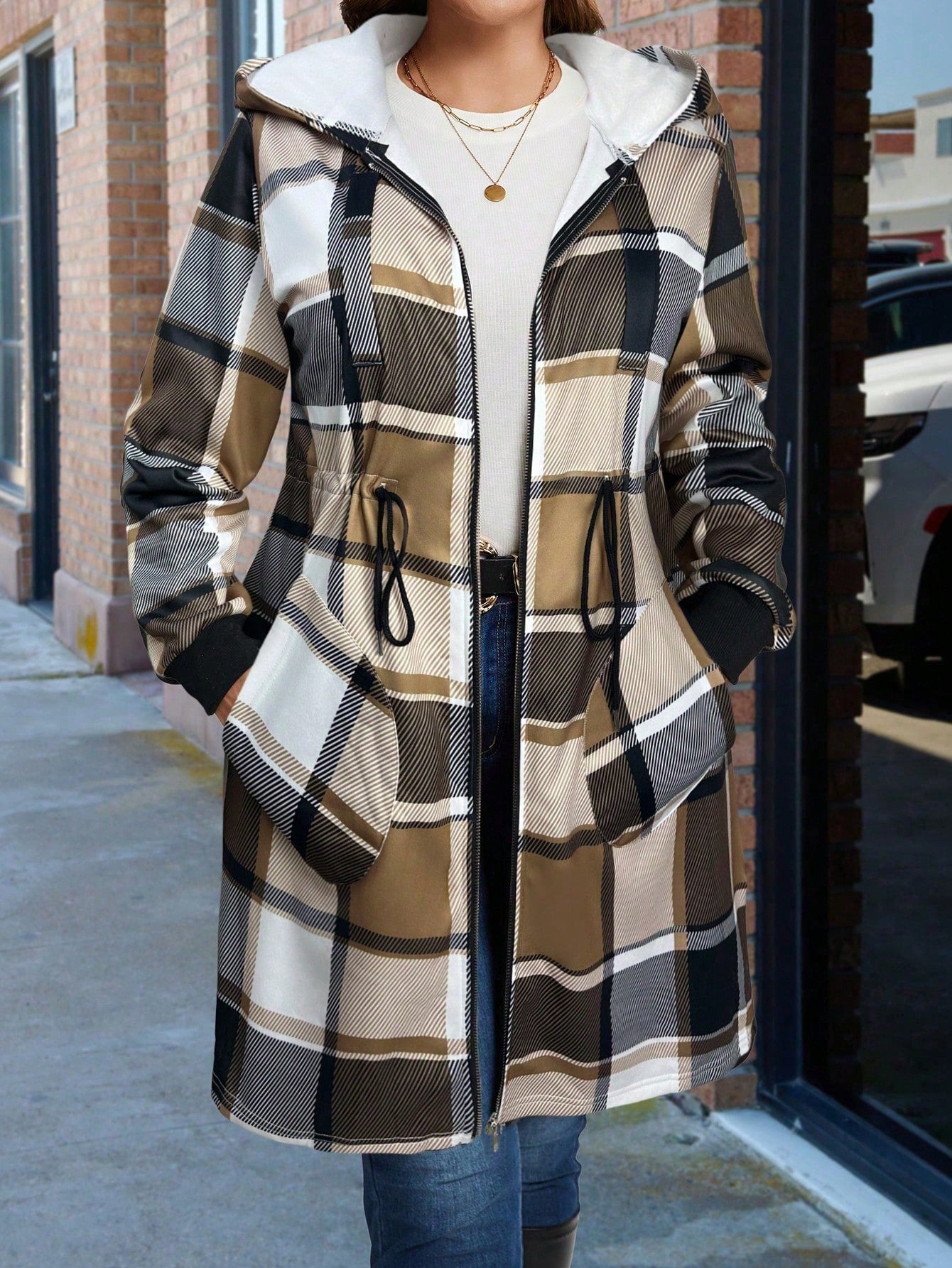 LUNE Plus Size Women Casual Plaid Print Cinched Waist Zip-Up Hooded Fleece Jacket, Suitable For Commuting, Autumn/Winter