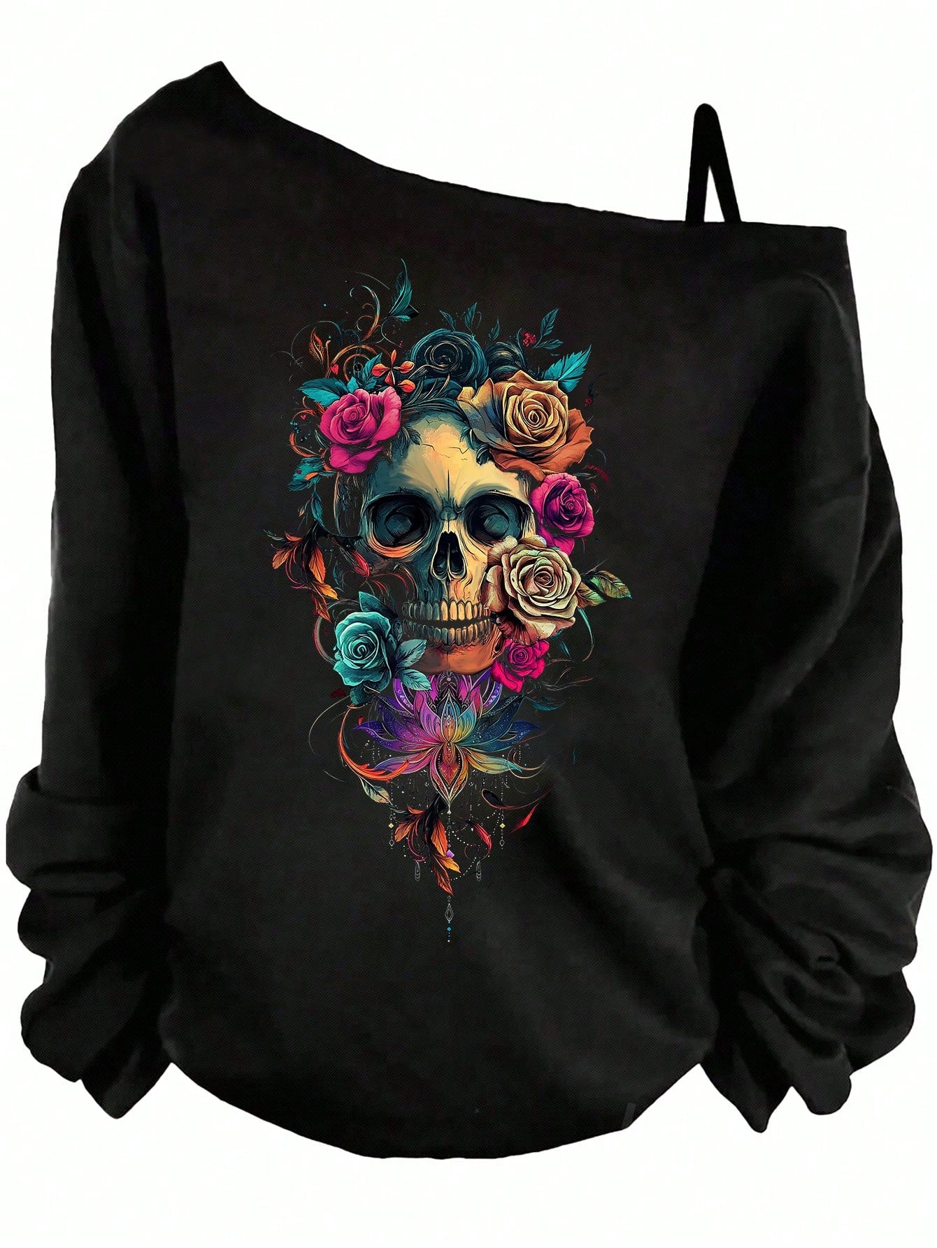 LUNE Plus Size Women Casual Skull & Floral Asymmetrical Shoulder Long Sleeve T-Shirt, Suitable For Autumn/Winter Fall