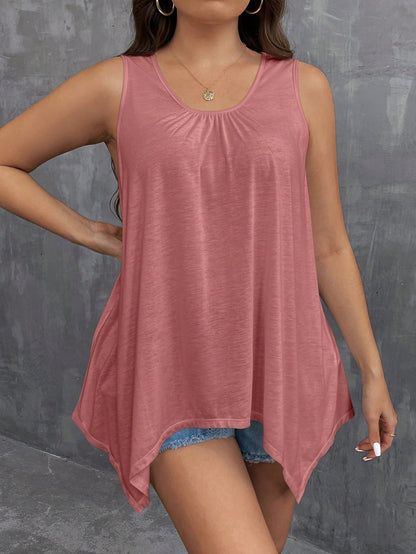 LUNE Plus Size Women Casual Sleeveless Top With Asymmetric Ruffle Hem And Round Neck
