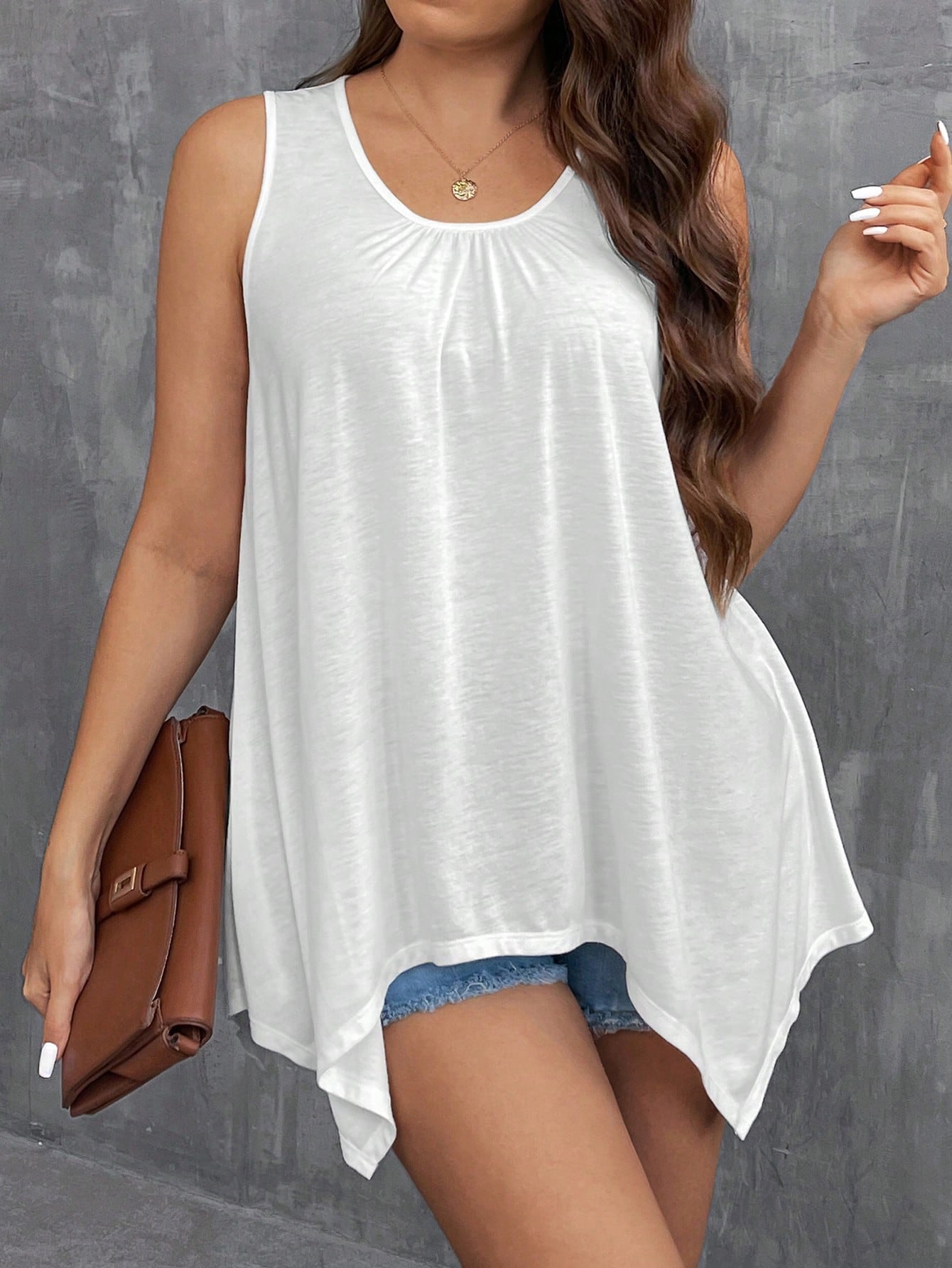 LUNE Plus Size Women Casual Sleeveless Top With Asymmetric Ruffle Hem And Round Neck
