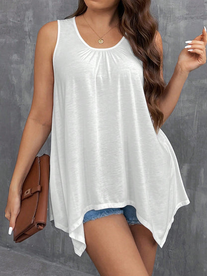 LUNE Plus Size Women Casual Sleeveless Top With Asymmetric Ruffle Hem And Round Neck