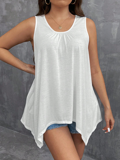 LUNE Plus Size Women Casual Sleeveless Top With Asymmetric Ruffle Hem And Round Neck
