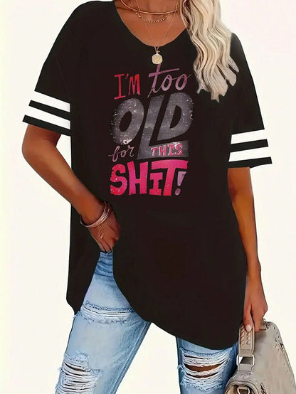 LUNE Plus Size Women Casual V-Neck Graphic T-Shirt, Loose Fit Short Sleeve Tops, Summer