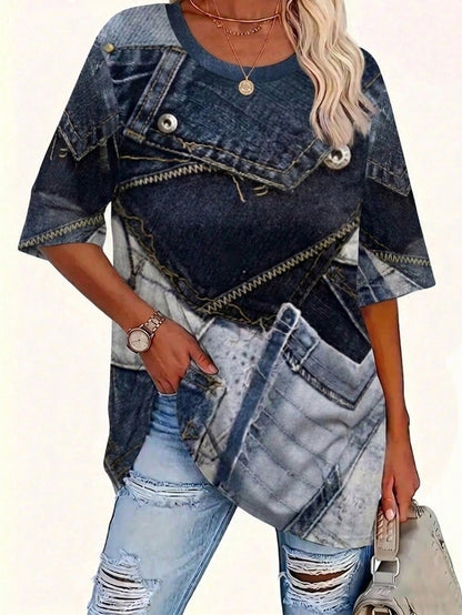 LUNE Plus Size Women Casual V-Neck Graphic T-Shirt, Loose Fit Short Sleeve Tops, Summer