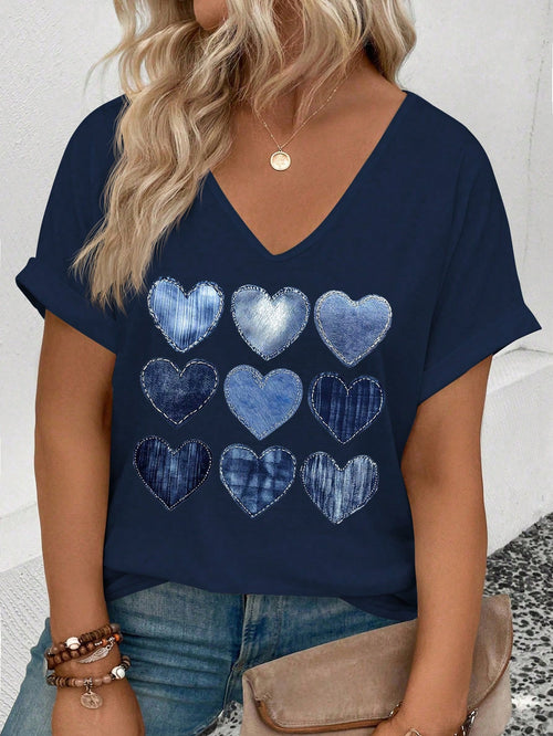 LUNE Plus Size Women Casual V-Neck Short Sleeve Fake Blue Heart Printed Tee