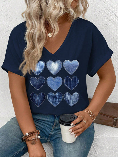 LUNE Plus Size Women Casual V-Neck Short Sleeve Fake Blue Heart Printed Tee