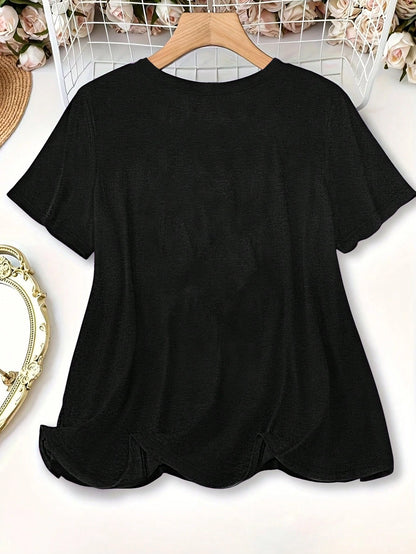 LUNE Plus Size Women Cute Cat & Butterfly Printed Casual Crew Neck Short Sleeve T-Shirt, Summer Top