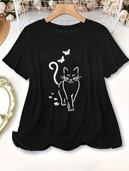 LUNE Plus Size Women Cute Cat & Butterfly Printed Casual Crew Neck Short Sleeve T-Shirt, Summer Top
