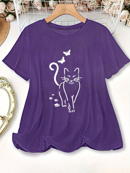 LUNE Plus Size Women Cute Cat & Butterfly Printed Casual Crew Neck Short Sleeve T-Shirt, Summer Top