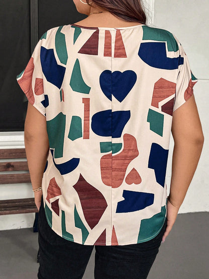 LUNE Plus Size Women Geometric Print Round Neck Batwing Sleeve Casual Traditional Blouse New Years Summer Clothes Vacations Woman Brunch Bussines Beige