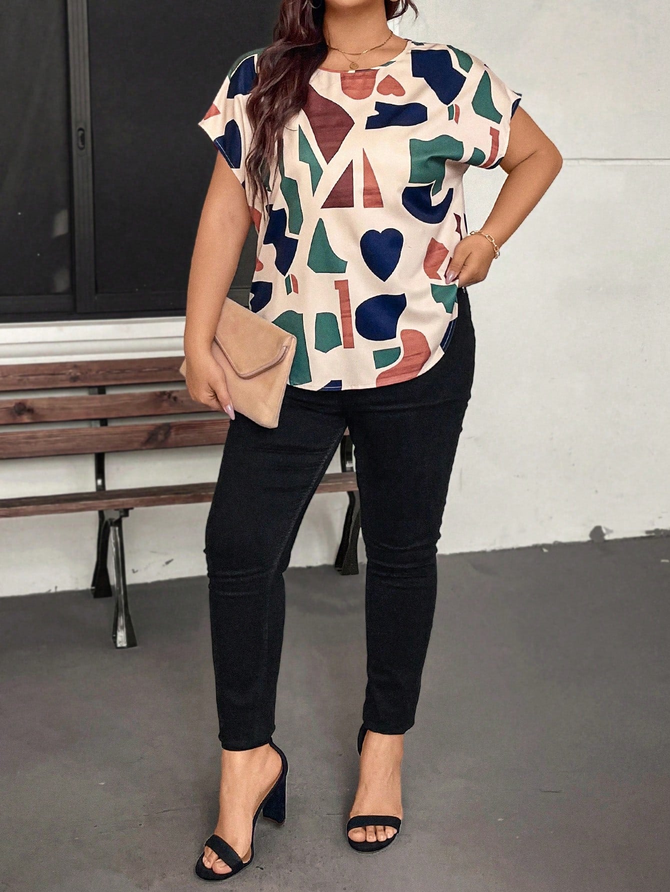 LUNE Plus Size Women Geometric Print Round Neck Batwing Sleeve Casual Traditional Blouse New Years Summer Clothes Vacations Woman Brunch Bussines Beige