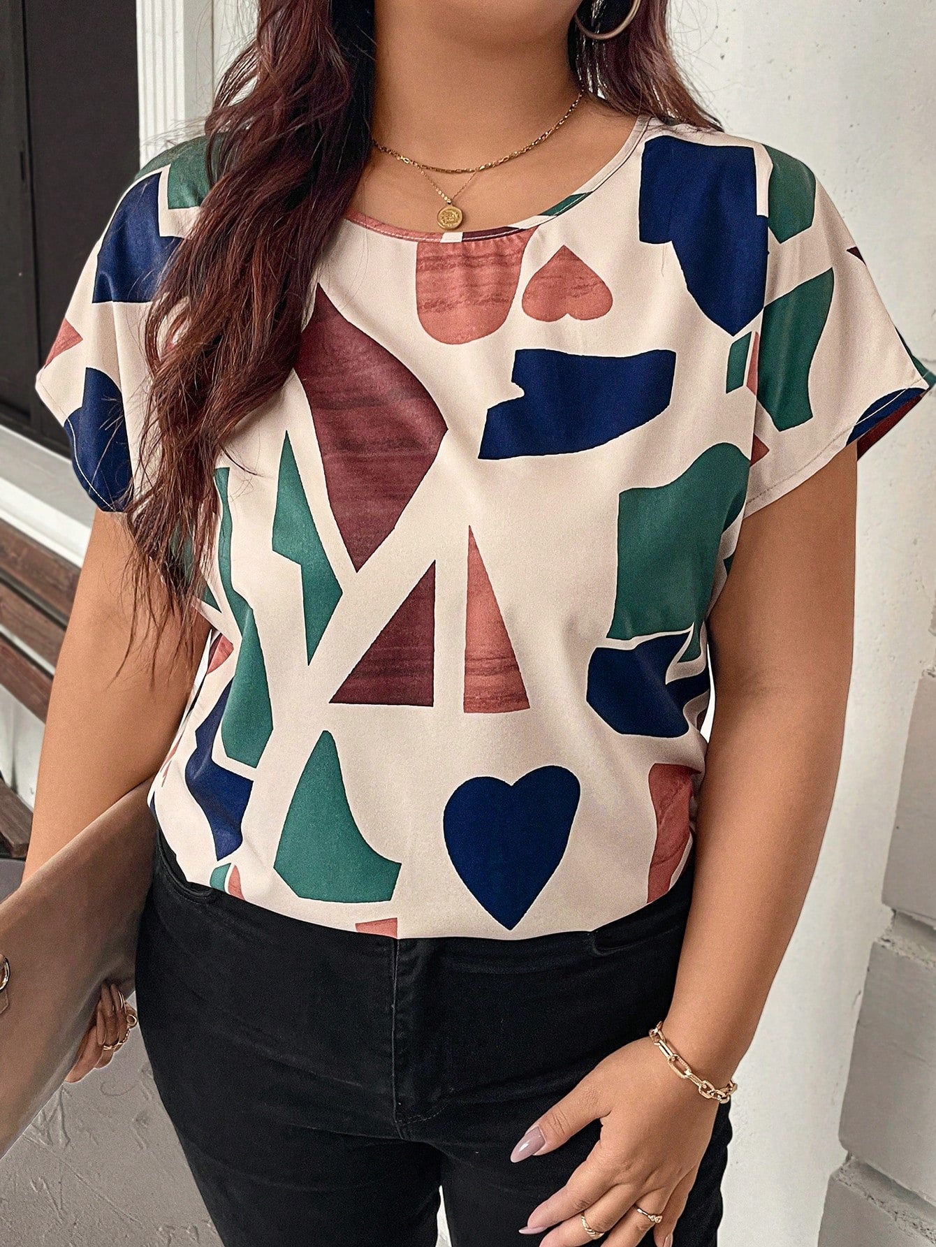 LUNE Plus Size Women Geometric Print Round Neck Batwing Sleeve Casual Traditional Blouse New Years Summer Clothes Vacations Woman Brunch Bussines Beige