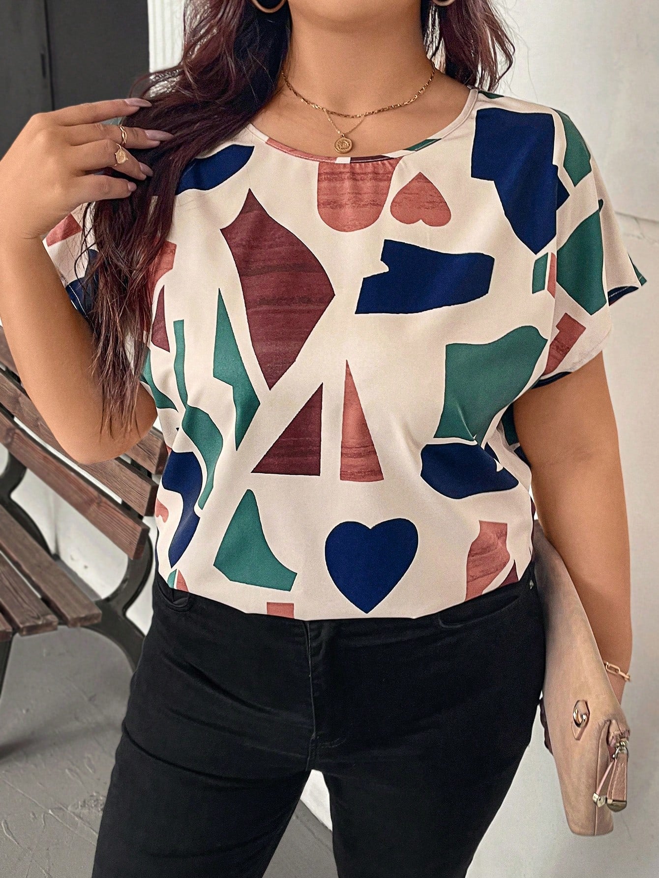 LUNE Plus Size Women Geometric Print Round Neck Batwing Sleeve Casual Traditional Blouse New Years Summer Clothes Vacations Woman Brunch Bussines Beige