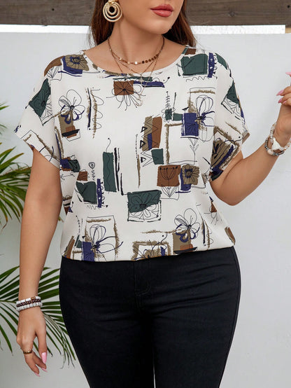LUNE Plus Size Women Geometric Print Round Neck Batwing Sleeve Casual Traditional Blouse New Years Summer Clothes Vacations Woman Brunch Bussines Beige