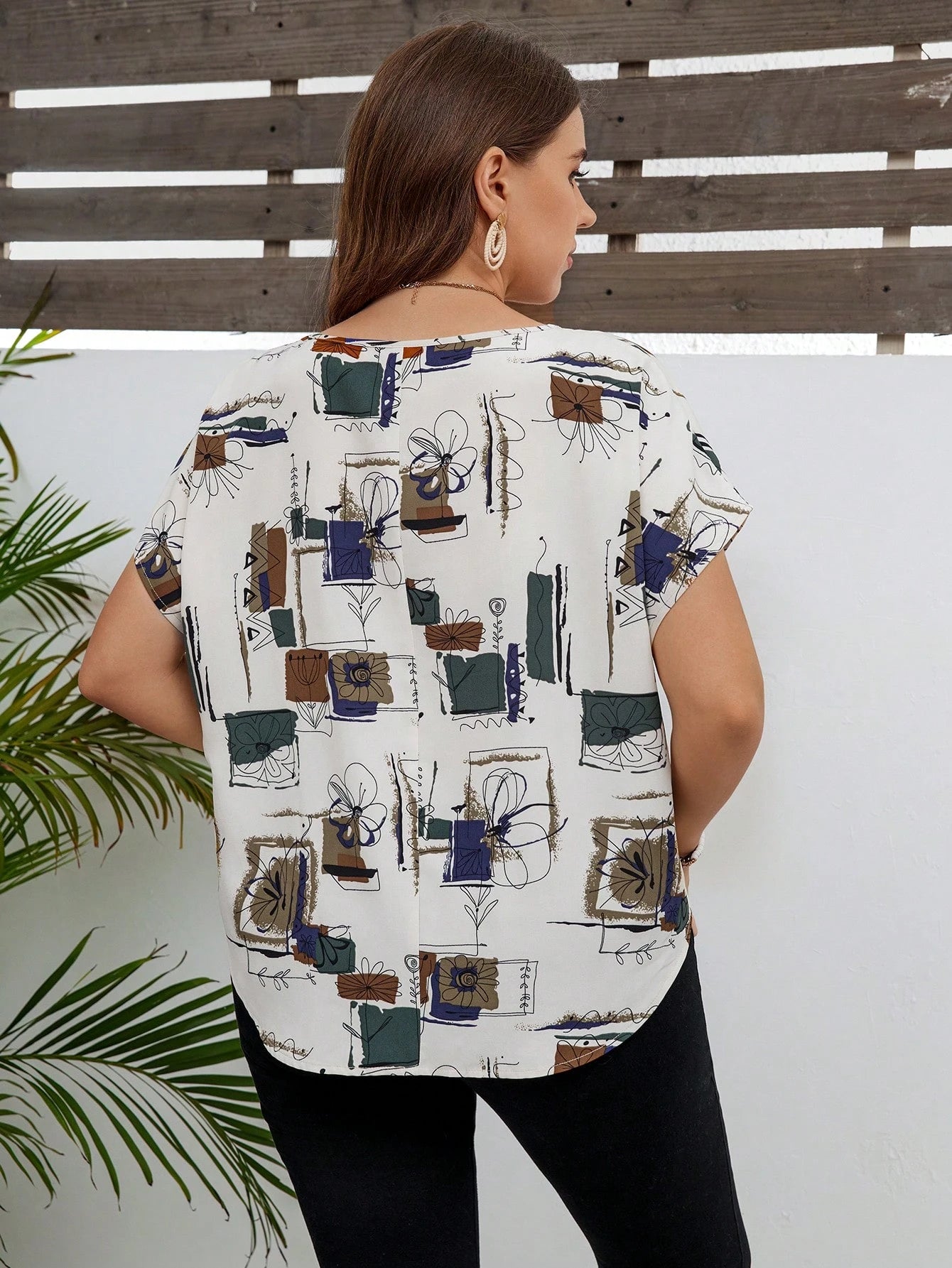 LUNE Plus Size Women Geometric Print Round Neck Batwing Sleeve Casual Traditional Blouse New Years Summer Clothes Vacations Woman Brunch Bussines Beige