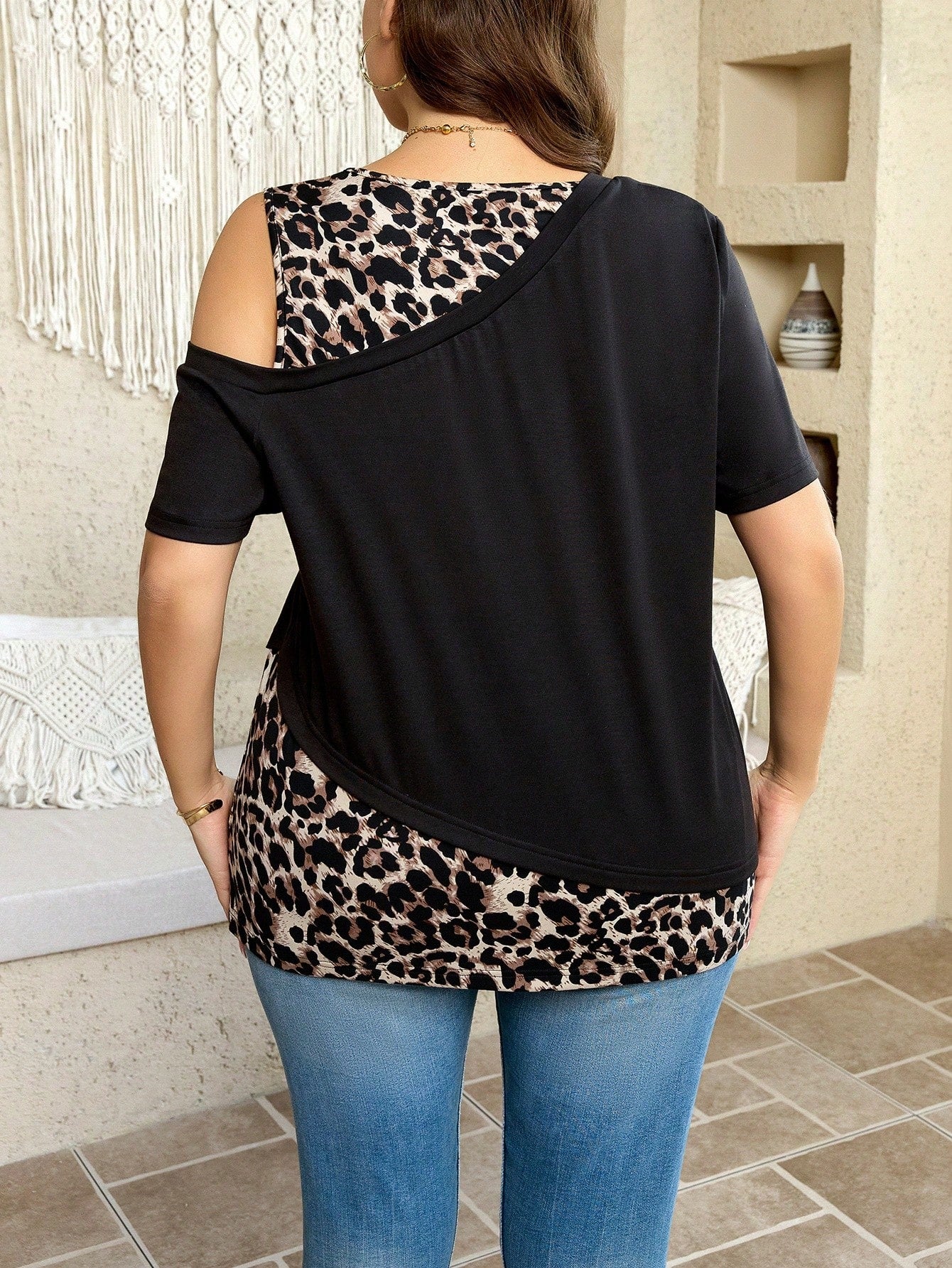 LUNE Plus-Size Women's Asymmetrical Shoulder Retro Leopard Print Color-Blocked T-Shirt, Black, Summer, Smart Casual Sexy, Night Out Vacation Club, Bohemia