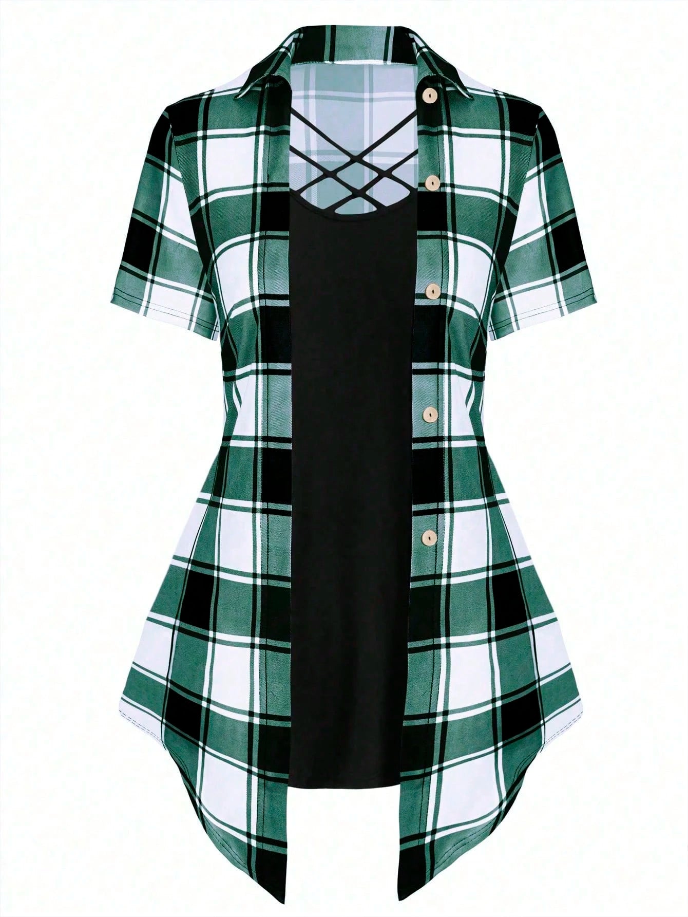 LUNE Plus Size Women's Plaid Cross V-Neck Long T-Shirt Graphic Tees Women Tops