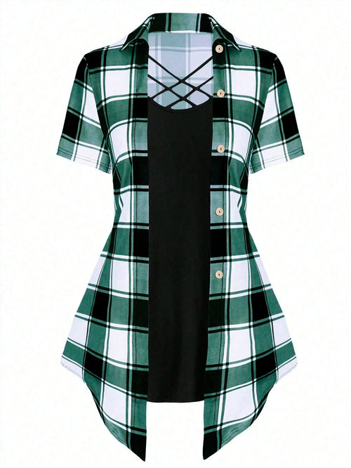 LUNE Plus Size Women's Plaid Cross V-Neck Long T-Shirt Graphic Tees Women Tops