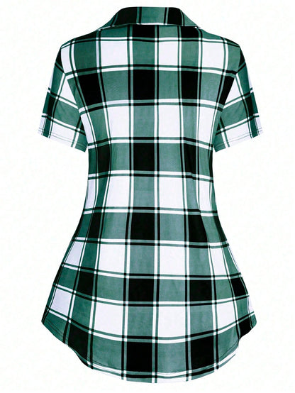 LUNE Plus Size Women's Plaid Cross V-Neck Long T-Shirt Graphic Tees Women Tops