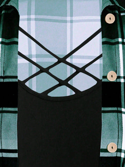 LUNE Plus Size Women's Plaid Cross V-Neck Long T-Shirt Graphic Tees Women Tops