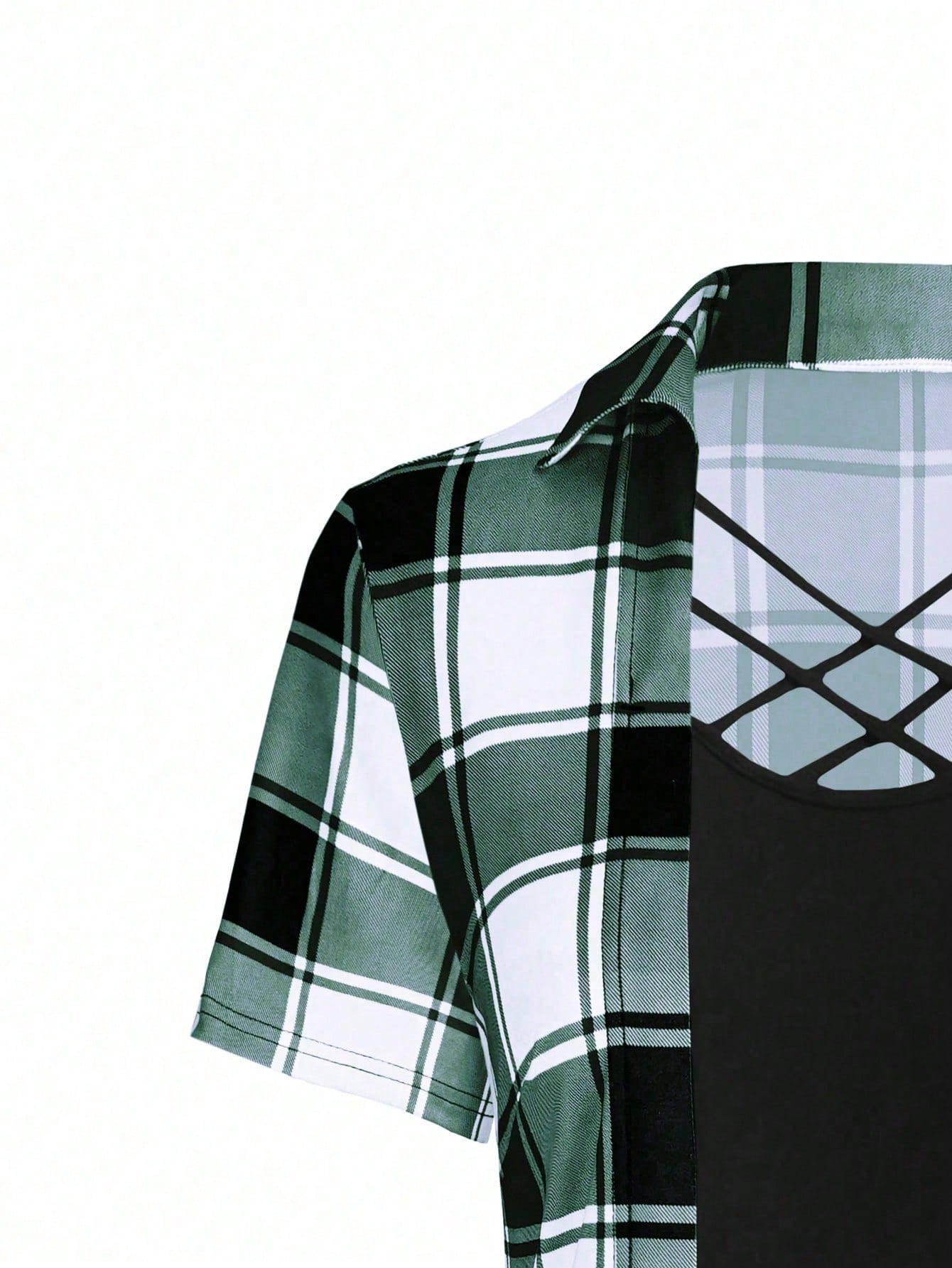 LUNE Plus Size Women's Plaid Cross V-Neck Long T-Shirt Graphic Tees Women Tops