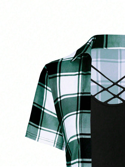 LUNE Plus Size Women's Plaid Cross V-Neck Long T-Shirt Graphic Tees Women Tops
