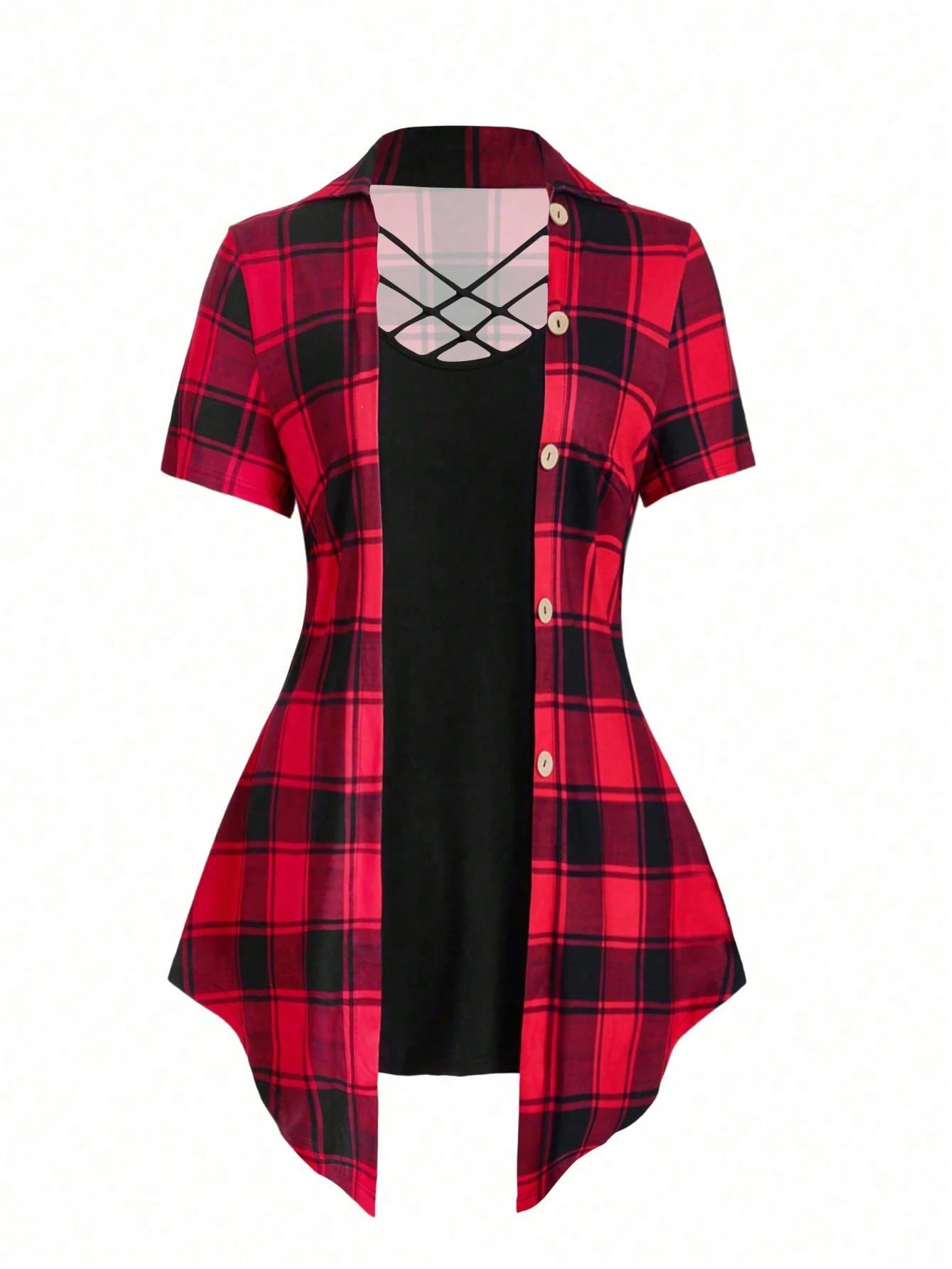 LUNE Plus Size Women's Plaid Cross V-Neck Long T-Shirt Graphic Tees Women Tops