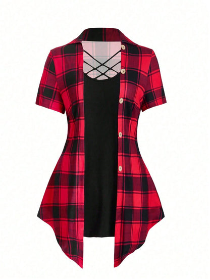 LUNE Plus Size Women's Plaid Cross V-Neck Long T-Shirt Graphic Tees Women Tops