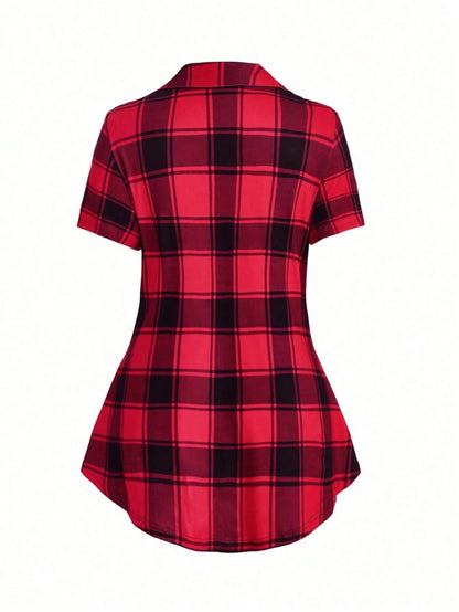 LUNE Plus Size Women's Plaid Cross V-Neck Long T-Shirt Graphic Tees Women Tops