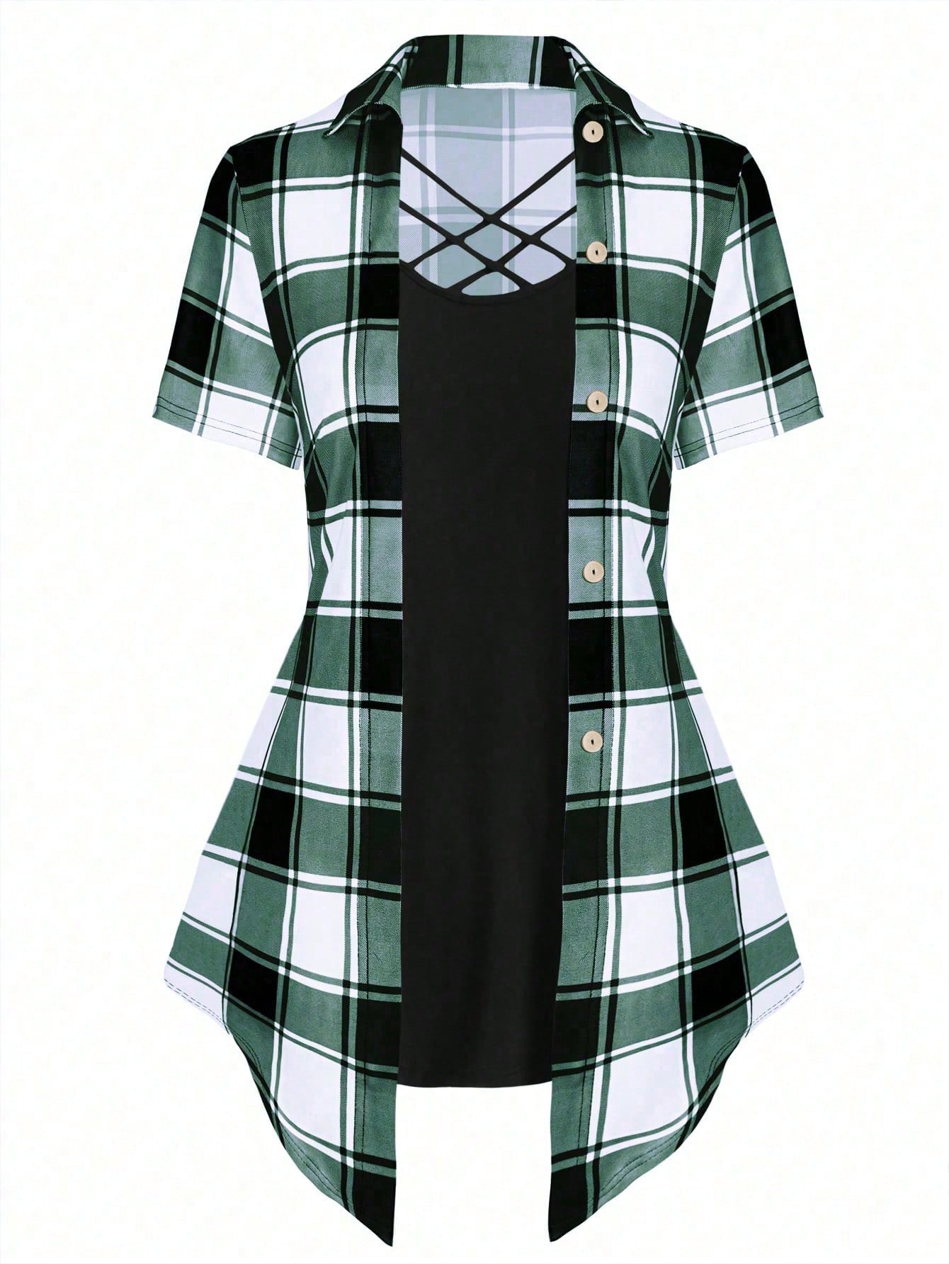 LUNE Plus Size Women's Plaid Cross V-Neck Long T-Shirt Graphic Tees Women Tops