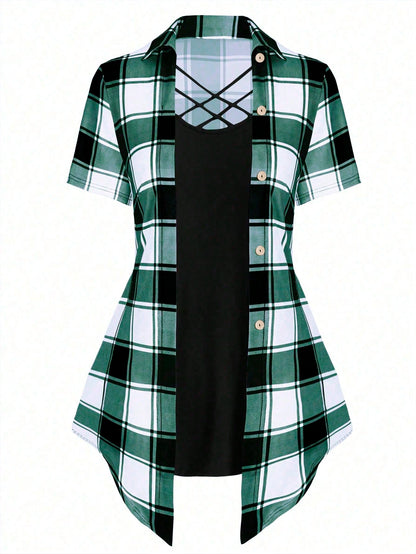 LUNE Plus Size Women's Plaid Cross V-Neck Long T-Shirt Graphic Tees Women Tops