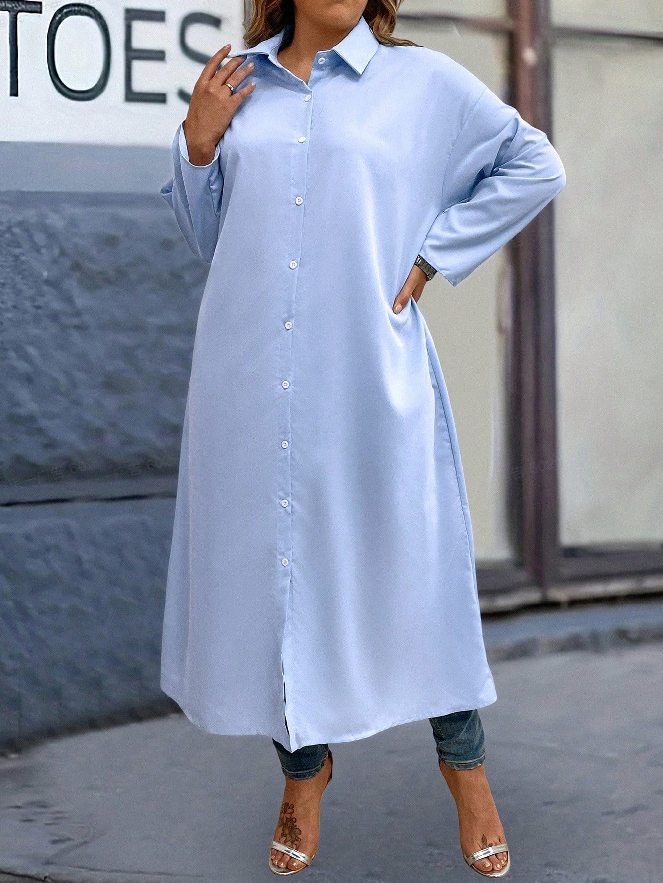 LUNE Plus Size Women's Solid Color Long Shirt Dress Winter Fall Autumn