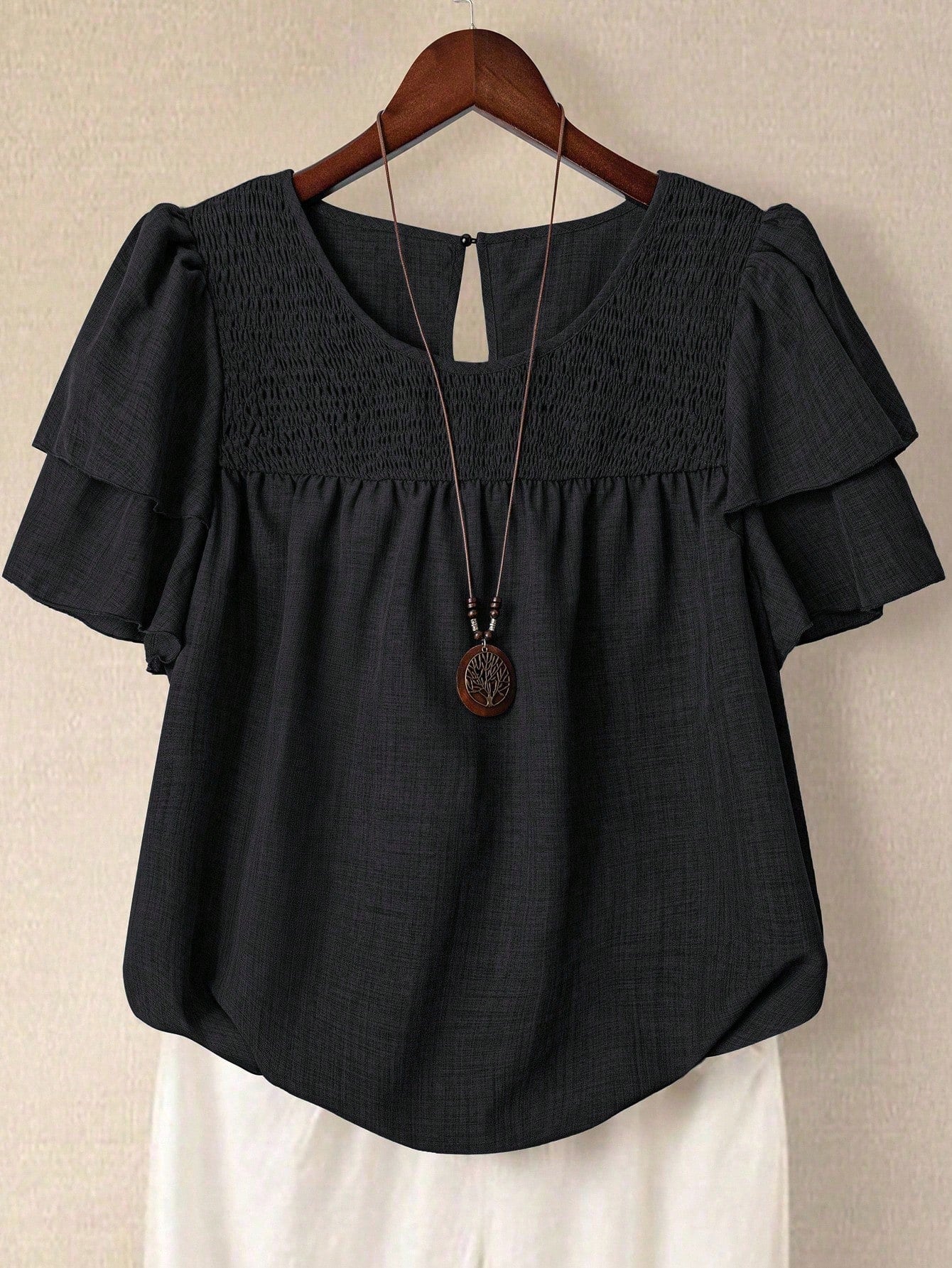 LUNE Plus Size Women's Solid Color Round Neck Double Layer Sleeve Short Sleeve Casual Shirt, Casual Fashion Versatile Pleated Summer Holiday Ladies Blouse