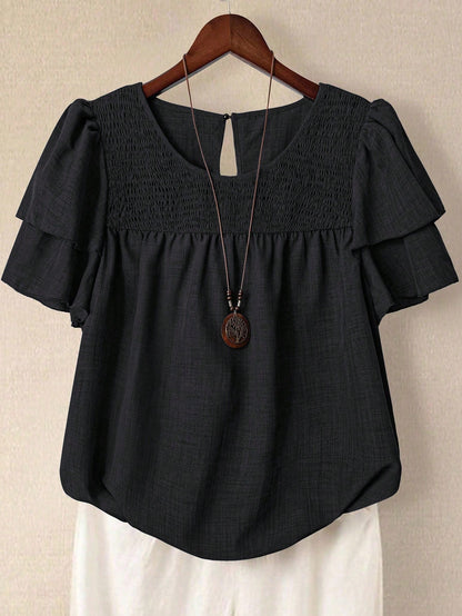 LUNE Plus Size Women's Solid Color Round Neck Double Layer Sleeve Short Sleeve Casual Shirt, Casual Fashion Versatile Pleated Summer Holiday Ladies Blouse