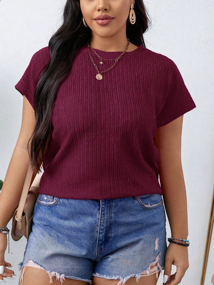 LUNE Plus Size Women's Solid Color Round Neck Short Sleeve Casual Loose Blouse