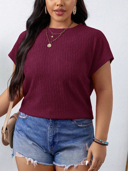 LUNE Plus Size Women's Solid Color Round Neck Short Sleeve Casual Loose Blouse