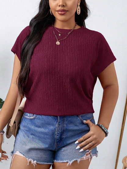 LUNE Plus Size Women's Solid Color Round Neck Short Sleeve Casual Loose Blouse