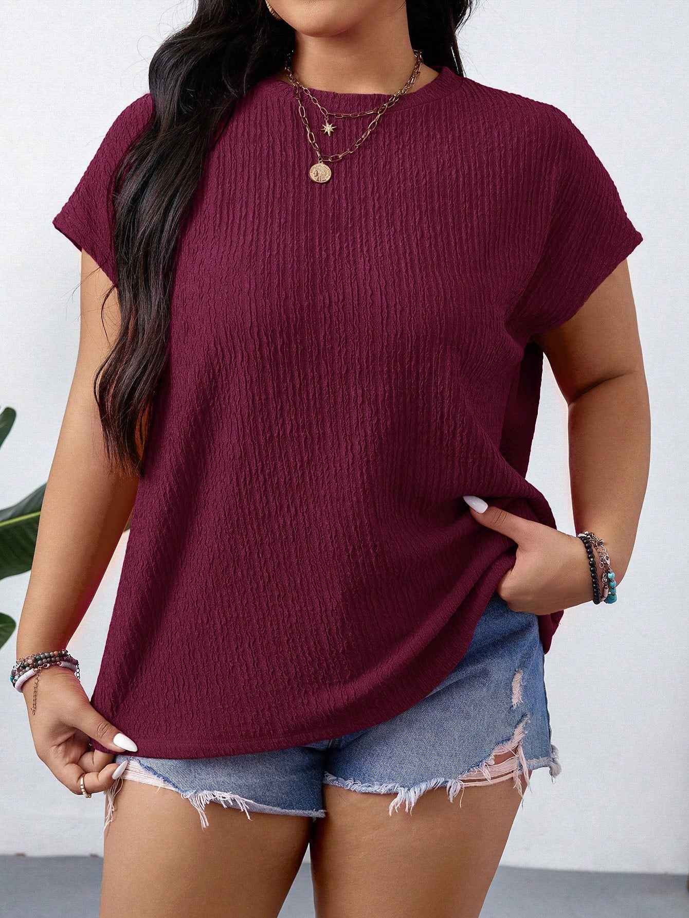 LUNE Plus Size Women's Solid Color Round Neck Short Sleeve Casual Loose Blouse