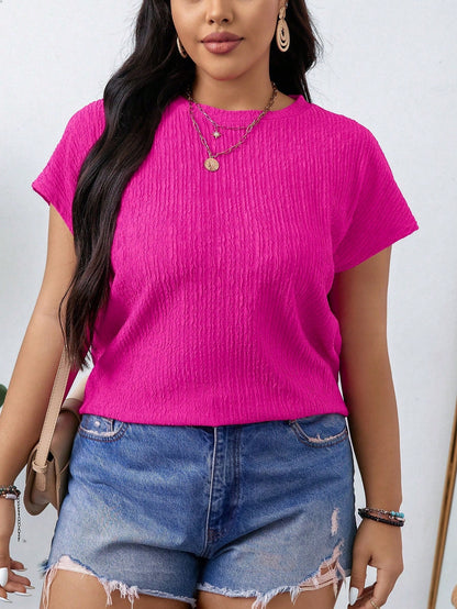 LUNE Plus Size Women's Solid Color Round Neck Short Sleeve Casual Loose Blouse