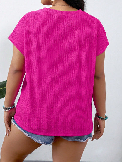 LUNE Plus Size Women's Solid Color Round Neck Short Sleeve Casual Loose Blouse