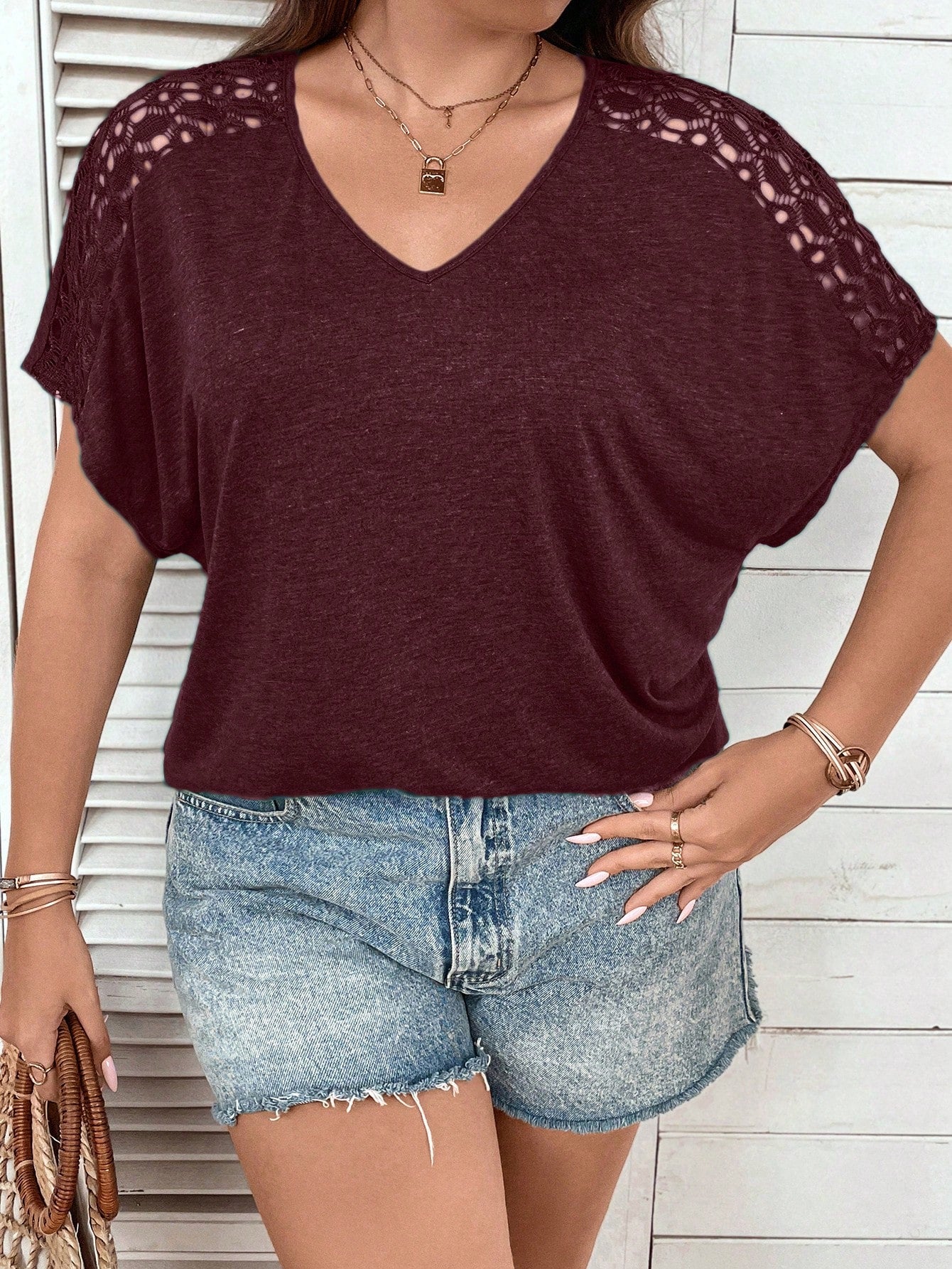 LUNE Plus Size Women's Solid Color V-Neck Batwing Sleeve Casual T-Shirt, Summer