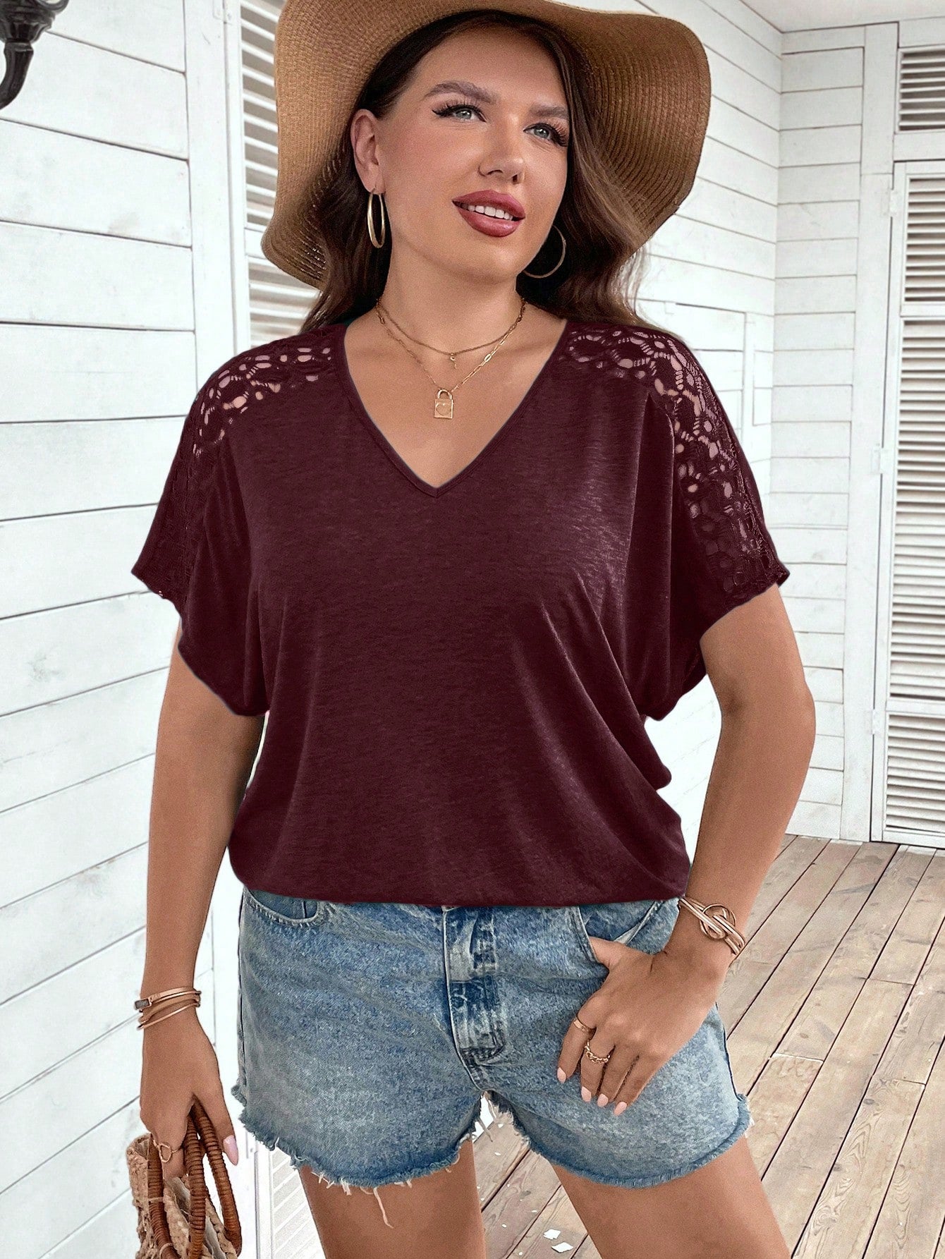 LUNE Plus Size Women's Solid Color V-Neck Batwing Sleeve Casual T-Shirt, Summer