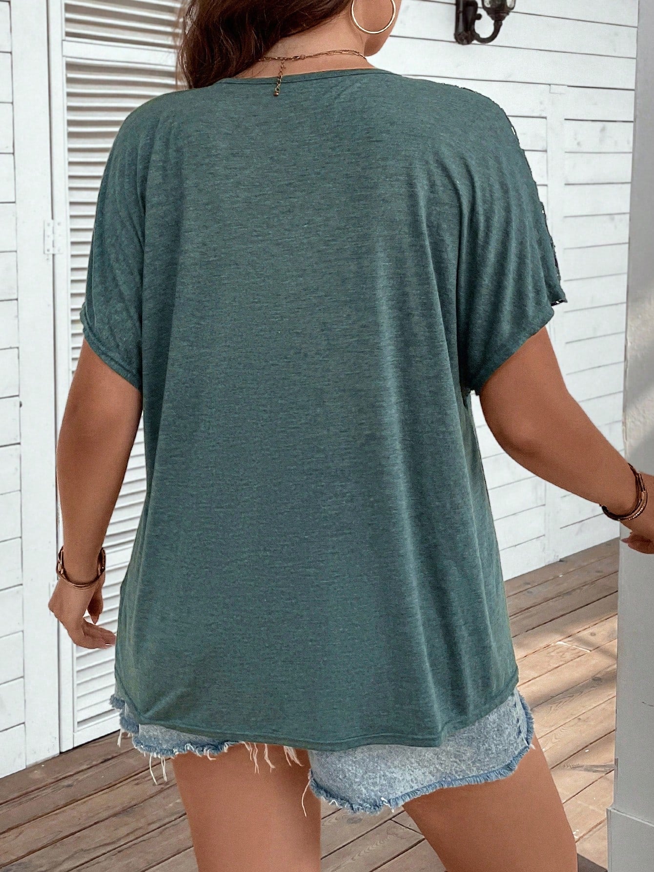 LUNE Plus Size Women's Solid Color V-Neck Batwing Sleeve Casual T-Shirt, Summer