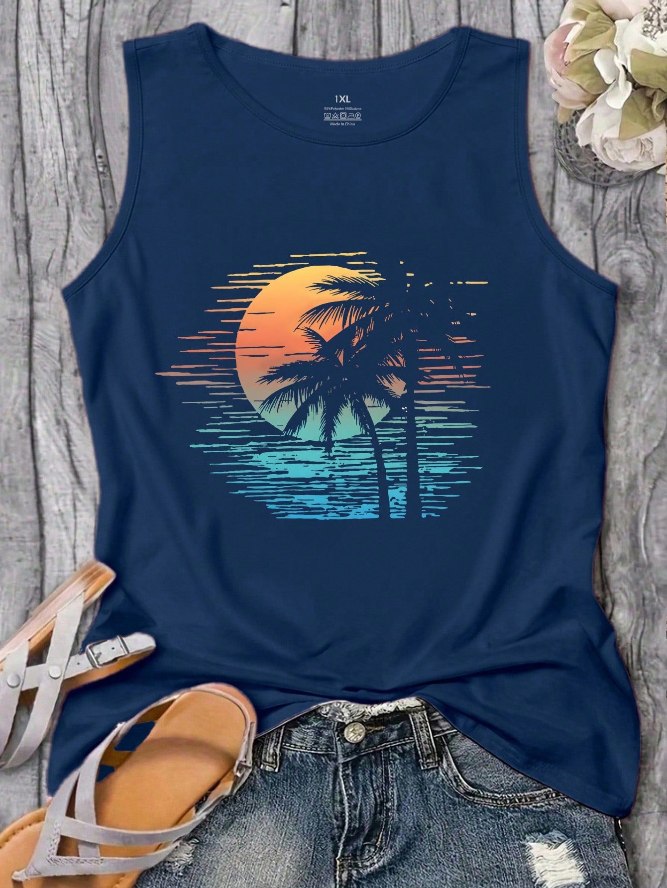 LUNE Plus Size Women's Summer Palm Tree Letter Print Sleeveless Vest Graphic Vacation Women Tops