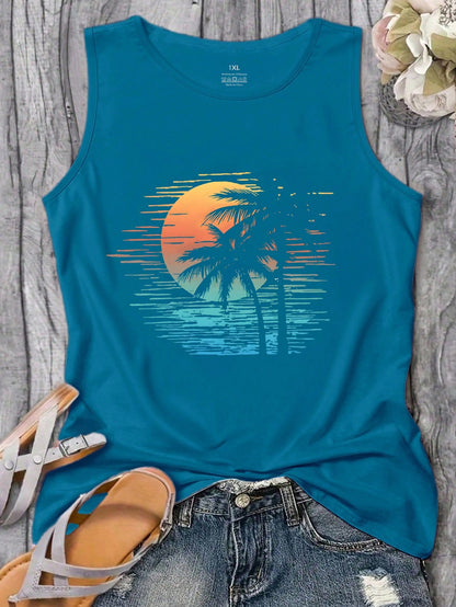 LUNE Plus Size Women's Summer Palm Tree Letter Print Sleeveless Vest Graphic Vacation Women Tops