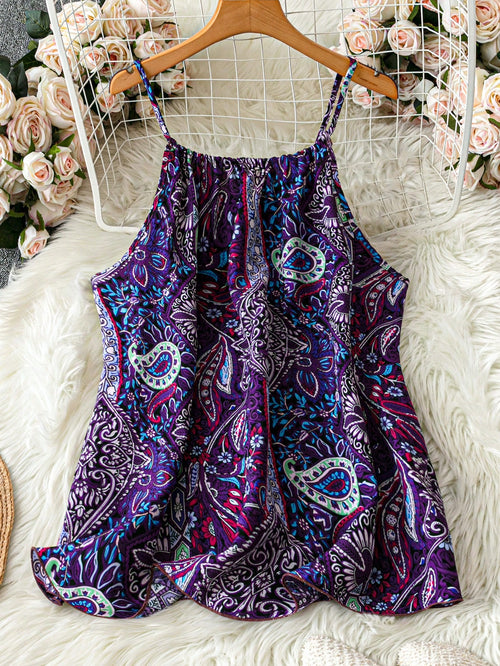 LUNE Plus Size Women's Tropical Plant Printed Loose Casual Cami Top,Purple Summer Boho Vacation Holiday Cute Top,Business Office Travel